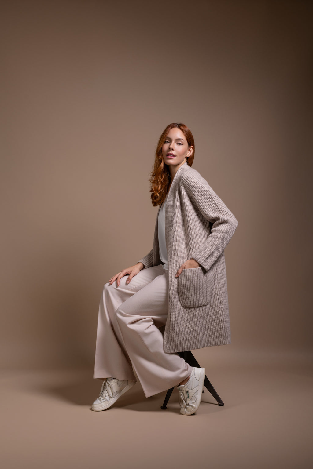 "Milano" long cardigan with scarf collar