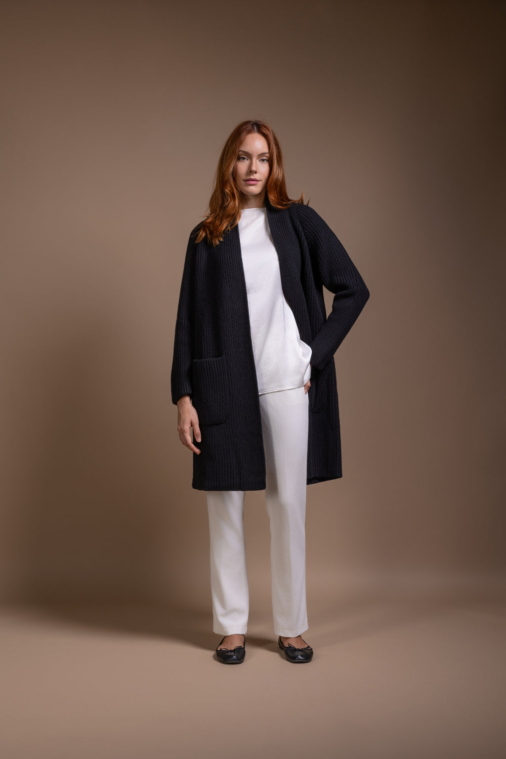 "Milano" long cardigan with scarf collar