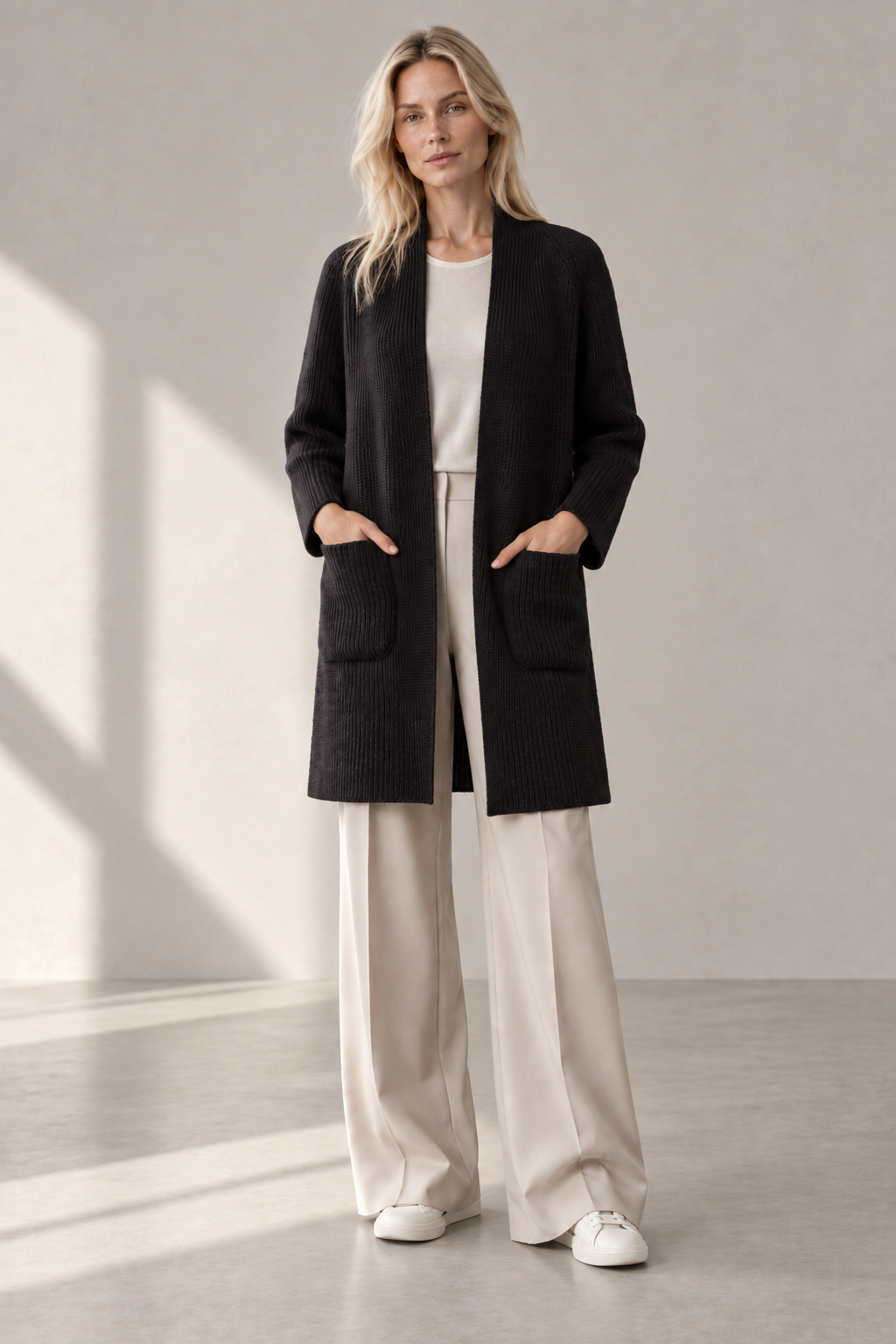 "Milano" long cardigan with scarf collar
